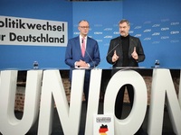 Friedrich Merz, CDU Federal Chairman and CDU/CSU Parliamentary Group Leader, and Markus Soder, the Prime Minister of Bavaria (CSU), speak to...