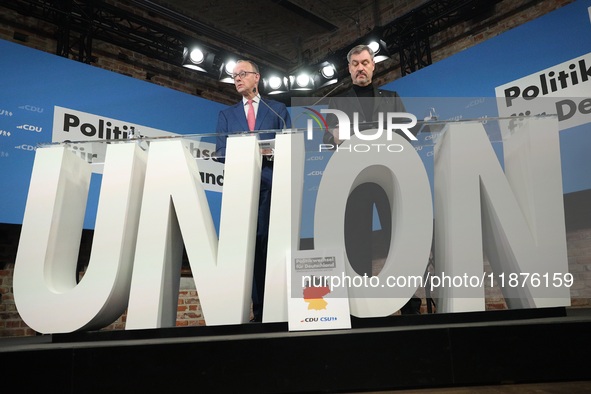 Friedrich Merz, CDU Federal Chairman and CDU/CSU Parliamentary Group Leader, and Markus Soder, the Prime Minister of Bavaria (CSU), speak to...