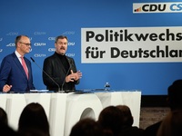 Friedrich Merz, CDU Federal Chairman and CDU/CSU Parliamentary Group Leader, and Markus Soder, the Prime Minister of Bavaria (CSU), speak to...