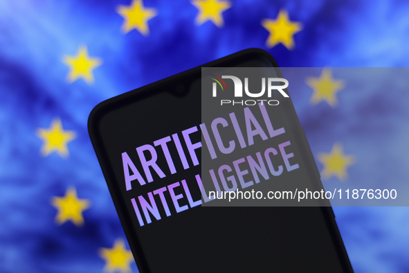 The text 'Artificial Intelligence (AI)' appears on a smartphone screen in this illustration photo, and in the background is the flag of the...