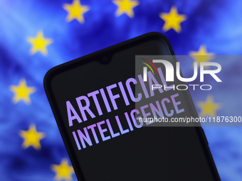 The text 'Artificial Intelligence (AI)' appears on a smartphone screen in this illustration photo, and in the background is the flag of the...