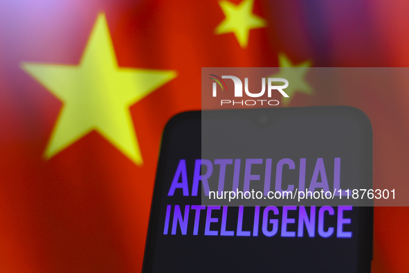 The text 'Artificial Intelligence (AI)' appears on a smartphone screen in this illustration photo, and in the background is the flag of Chin...