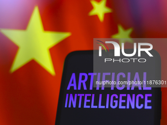 The text 'Artificial Intelligence (AI)' appears on a smartphone screen in this illustration photo, and in the background is the flag of Chin...