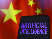 The text 'Artificial Intelligence (AI)' appears on a smartphone screen in this illustration photo, and in the background is the flag of Chin...