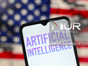 The text 'Artificial Intelligence (AI)' appears on a smartphone screen in this illustration photo, with the United States flag in the backgr...