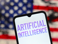 The text 'Artificial Intelligence (AI)' appears on a smartphone screen in this illustration photo, with the United States flag in the backgr...