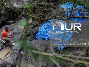 Officials observe the carcass of a 45-year-old female Sumatran elephant named Molly, found dead at a riverbank after being carried away by a...