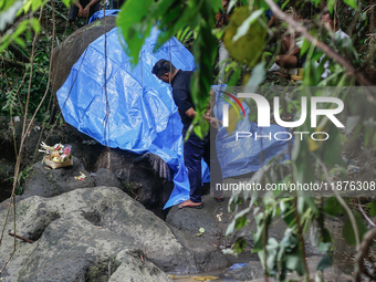 Officials observe the carcass of a 45-year-old female Sumatran elephant named Molly, found dead at a riverbank after being carried away by a...