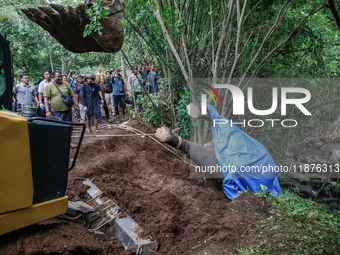 Workers and officials remove the carcass of a 45-year-old female Sumatran elephant named Molly, found dead at a riverbank after being carrie...