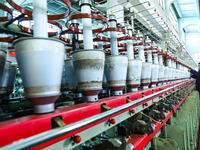 A worker checks the operation of a double-twist machine producing nickel electrolytic composite diaphragm at a textile production line in Zh...