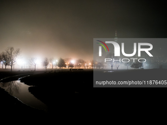 Part of the New York City skyline is seen through dense fog covering Liberty State Park following rainfall in Jersey City, NJ, U.S., on Dece...