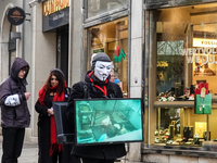 The group 'Anonymous for the Voiceless', an animal rights organization specializing in street activism, holds a 'Cubes of Truth' protest act...