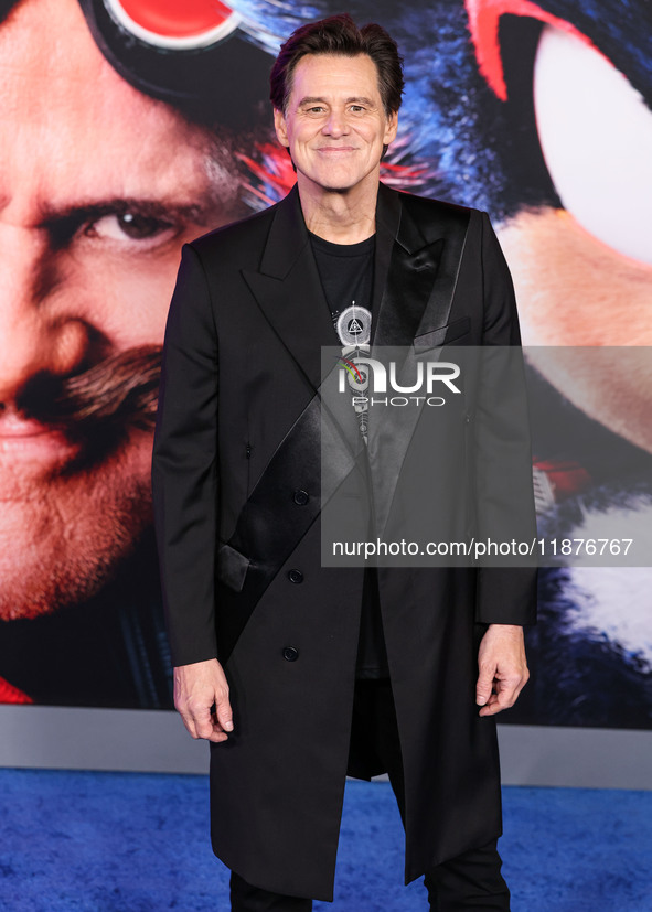 Jim Carrey arrives at the Los Angeles Premiere Of Paramount Pictures' 'Sonic The Hedgehog 3' held at the TCL Chinese Theatre IMAX on Decembe...