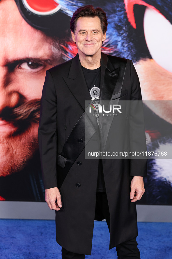 Jim Carrey arrives at the Los Angeles Premiere Of Paramount Pictures' 'Sonic The Hedgehog 3' held at the TCL Chinese Theatre IMAX on Decembe...