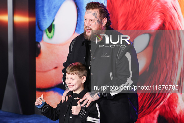 Jelly Roll (Jason Bradley DeFord) and son Noah Buddy DeFord arrive at the Los Angeles Premiere Of Paramount Pictures' 'Sonic The Hedgehog 3'...