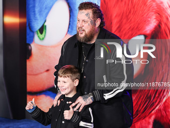 Jelly Roll (Jason Bradley DeFord) and son Noah Buddy DeFord arrive at the Los Angeles Premiere Of Paramount Pictures' 'Sonic The Hedgehog 3'...