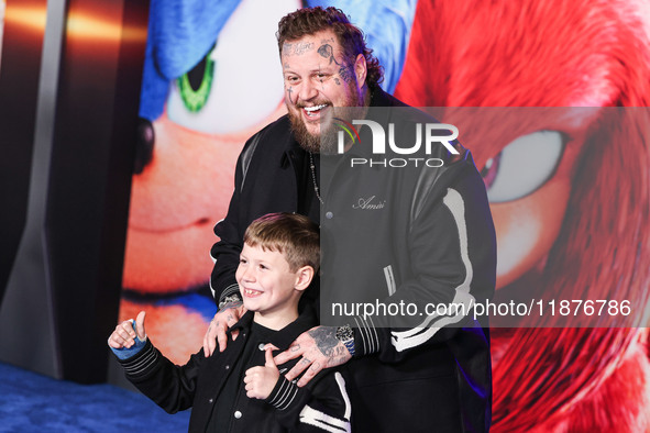 Jelly Roll (Jason Bradley DeFord) and son Noah Buddy DeFord arrive at the Los Angeles Premiere Of Paramount Pictures' 'Sonic The Hedgehog 3'...