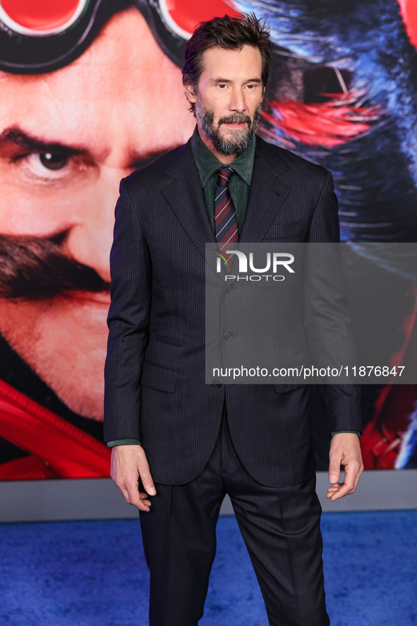 Keanu Reeves arrives at the Los Angeles Premiere Of Paramount Pictures' 'Sonic The Hedgehog 3' held at the TCL Chinese Theatre IMAX on Decem...