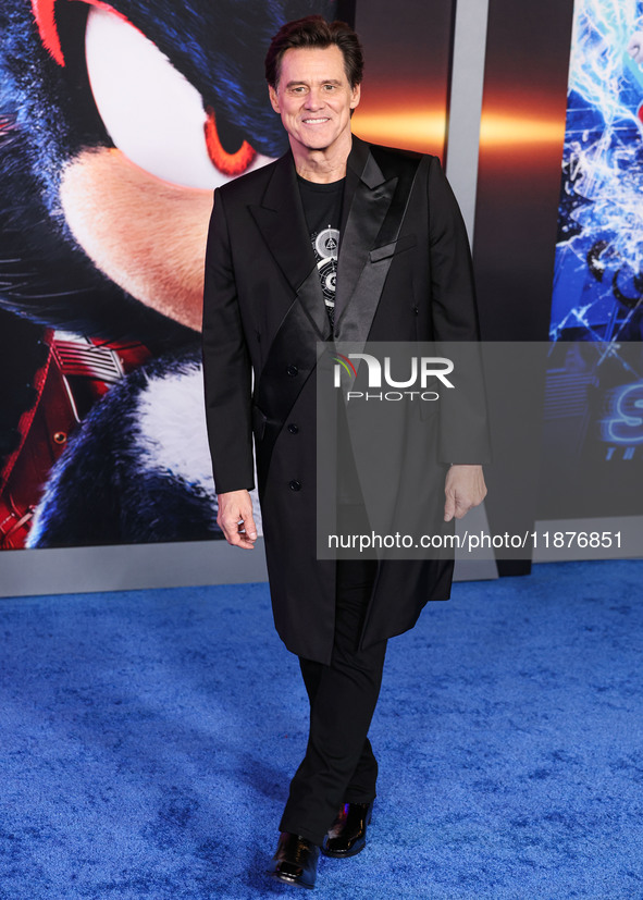 Jim Carrey arrives at the Los Angeles Premiere Of Paramount Pictures' 'Sonic The Hedgehog 3' held at the TCL Chinese Theatre IMAX on Decembe...