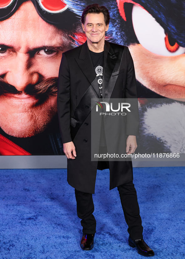 Jim Carrey arrives at the Los Angeles Premiere Of Paramount Pictures' 'Sonic The Hedgehog 3' held at the TCL Chinese Theatre IMAX on Decembe...