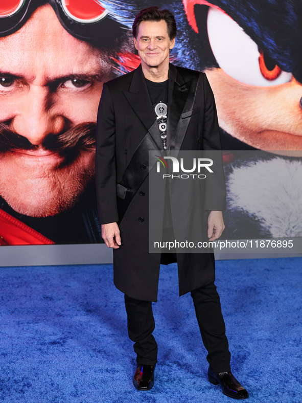 Jim Carrey arrives at the Los Angeles Premiere Of Paramount Pictures' 'Sonic The Hedgehog 3' held at the TCL Chinese Theatre IMAX on Decembe...