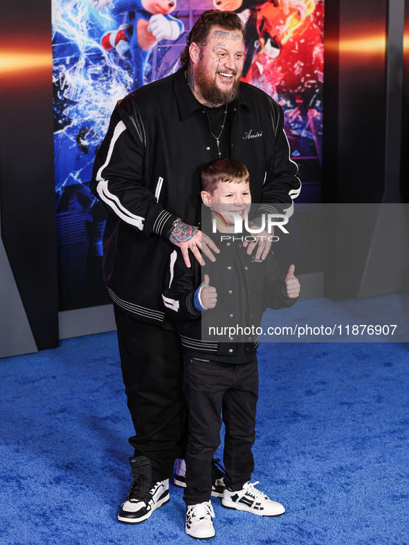 Jelly Roll (Jason Bradley DeFord) and son Noah Buddy DeFord arrive at the Los Angeles Premiere Of Paramount Pictures' 'Sonic The Hedgehog 3'...