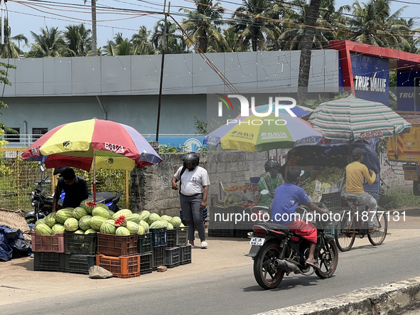 Fruit is for sale along the roadside in Thiruvananthapuram (Trivandrum), Kerala, India, on April 15, 2024. 