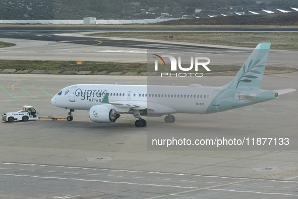 Cyprus Airways Airbus A220-300 passenger aircraft spotted on the tarmac of Athens International Airport, before departing to Larnaca Interna...