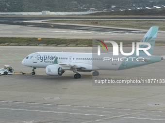 Cyprus Airways Airbus A220-300 passenger aircraft spotted on the tarmac of Athens International Airport, before departing to Larnaca Interna...