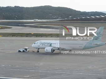 Cyprus Airways Airbus A220-300 passenger aircraft spotted on the tarmac of Athens International Airport, before departing to Larnaca Interna...