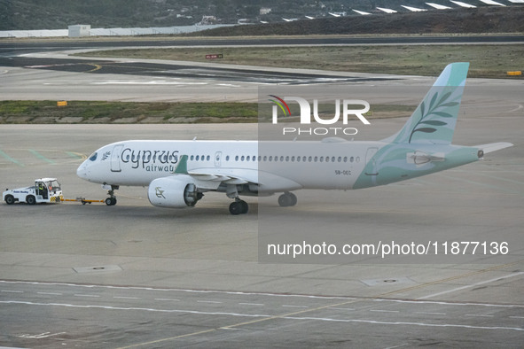 Cyprus Airways Airbus A220-300 passenger aircraft spotted on the tarmac of Athens International Airport, before departing to Larnaca Interna...