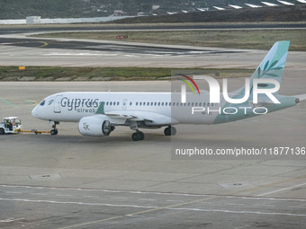 Cyprus Airways Airbus A220-300 passenger aircraft spotted on the tarmac of Athens International Airport, before departing to Larnaca Interna...