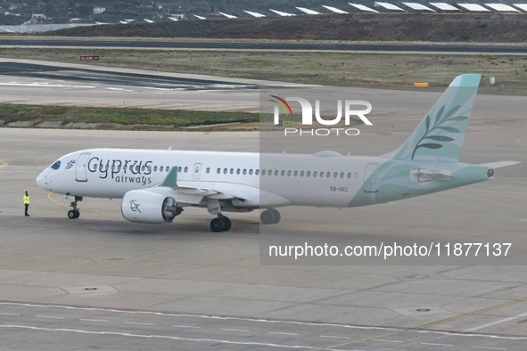 Cyprus Airways Airbus A220-300 passenger aircraft spotted on the tarmac of Athens International Airport, before departing to Larnaca Interna...