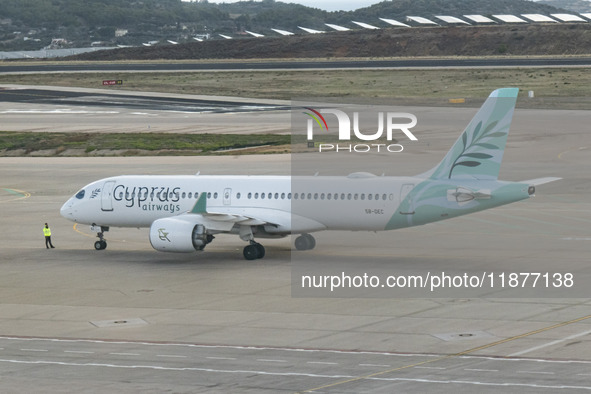 Cyprus Airways Airbus A220-300 passenger aircraft spotted on the tarmac of Athens International Airport, before departing to Larnaca Interna...