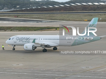 Cyprus Airways Airbus A220-300 passenger aircraft spotted on the tarmac of Athens International Airport, before departing to Larnaca Interna...