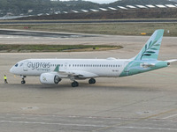 Cyprus Airways Airbus A220-300 passenger aircraft spotted on the tarmac of Athens International Airport, before departing to Larnaca Interna...