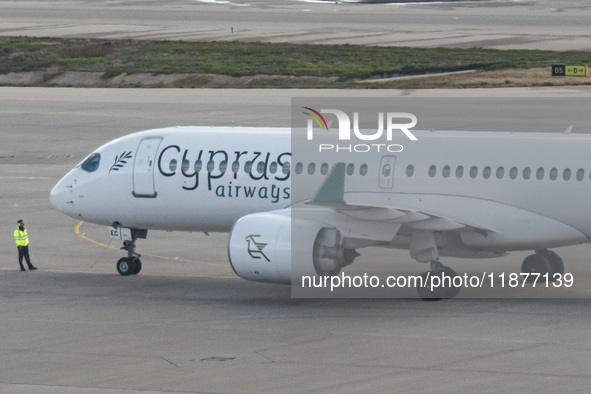 Cyprus Airways Airbus A220-300 passenger aircraft spotted on the tarmac of Athens International Airport, before departing to Larnaca Interna...