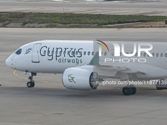 Cyprus Airways Airbus A220-300 passenger aircraft spotted on the tarmac of Athens International Airport, before departing to Larnaca Interna...