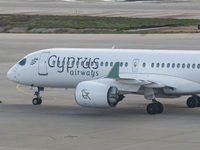 Cyprus Airways Airbus A220-300 passenger aircraft spotted on the tarmac of Athens International Airport, before departing to Larnaca Interna...