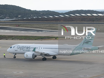 Cyprus Airways Airbus A220-300 passenger aircraft spotted on the tarmac of Athens International Airport, before departing to Larnaca Interna...