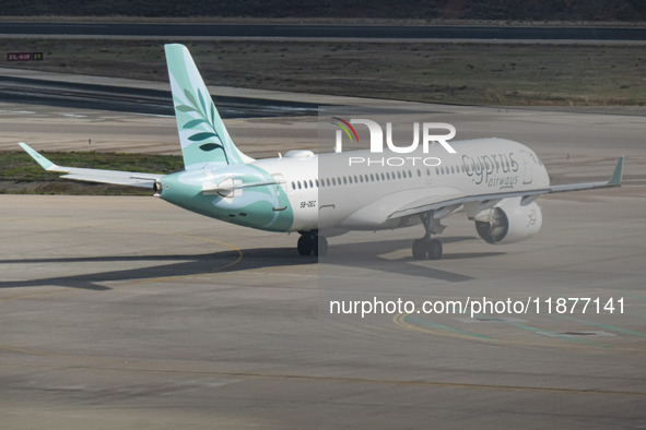 Cyprus Airways Airbus A220-300 passenger aircraft spotted on the tarmac of Athens International Airport, before departing to Larnaca Interna...