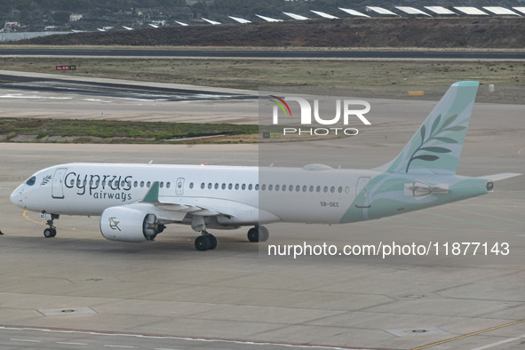 Cyprus Airways Airbus A220-300 passenger aircraft spotted on the tarmac of Athens International Airport, before departing to Larnaca Interna...