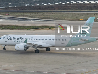 Cyprus Airways Airbus A220-300 passenger aircraft spotted on the tarmac of Athens International Airport, before departing to Larnaca Interna...