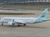 Cyprus Airways Airbus A220-300 passenger aircraft spotted on the tarmac of Athens International Airport, before departing to Larnaca Interna...