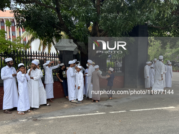 Muslim students stand outside the Kerala Legislative Assembly building in Thiruvananthapuram, Kerala, India, on April 15, 2024. The Kerala L...