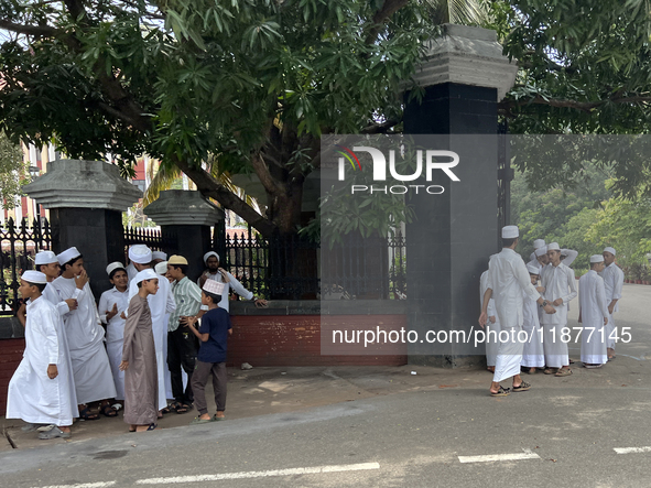 Muslim students stand outside the Kerala Legislative Assembly building in Thiruvananthapuram, Kerala, India, on April 15, 2024. The Kerala L...