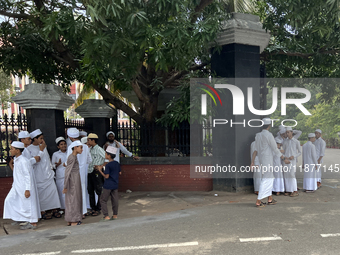 Muslim students stand outside the Kerala Legislative Assembly building in Thiruvananthapuram, Kerala, India, on April 15, 2024. The Kerala L...