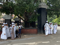 Muslim students stand outside the Kerala Legislative Assembly building in Thiruvananthapuram, Kerala, India, on April 15, 2024. The Kerala L...