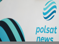 The logo of the Polsat news television station is seen on the street in Warsaw, Poland, on December 12, 2024. (