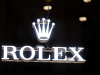 The Rolex logo is in a store window, seen on the street in Warsaw, Poland, on December 12, 2024. (